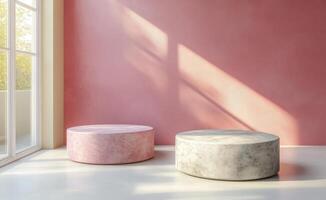 Empty podium and product pedestal with pink marble round pedestals suitable for displaying cosmetics. Minimalist design offers perfect backdrop for various products photo