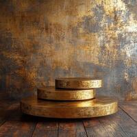 Empty podium and product pedestal for display showcasing cosmetics on textured backdrop with golden tones and wooden floor, intended for promotional events and showcases photo