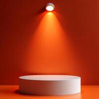Empty podium with product pedestal ideal for cosmetics display under warm lighting creates inviting atmosphere for showcasing beauty items effectively photo