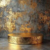 Empty podium used for product display with golden pedestal showcasing cosmetics creations against textured wall backdrop photo