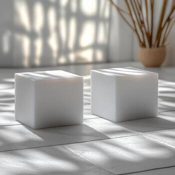 Empty podium and product pedestal design showcasing cubic podiums mockup in minimalist setting with natural light creating soft shadow effects enhancing elegance photo