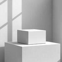 Empty podium mockup featuring product pedestal designed for showcasing cosmetics items within stylish, minimalistic setting providing ample copy space for branding elements photo