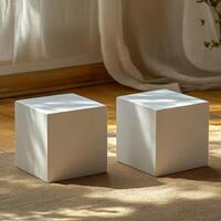 Empty podium and product pedestal design featuring white stone cubic shapes ideal for cosmetics display and product promotion in minimalistic settings photo