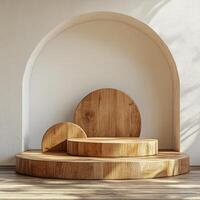 Elegant empty podium showcasing product pedestal design ideal for cosmetics display and promotional events in modern setting, highlighting natural materials and simplicity photo