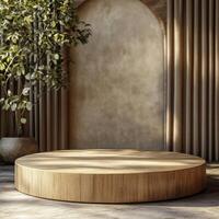 Empty podium for product display and pedestal showcasing cosmetics in minimalistic interior design setting, ideal for promotional events or marketing campaigns photo