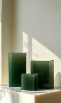 Empty podium display with cubic podiums and product pedestal showcasing various shapes for creative product presentation and modern interior aesthetics in stylish settings photo