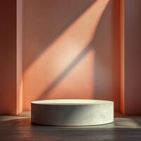 Empty podium design featuring minimalist product pedestal showcasing potential for display elements such as cosmetics in a well lit interior space with soft shadows photo