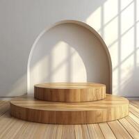 Empty podium and product pedestal designed for showcasing products, featuring distinct curved background, warm wooden texture, and ample copy space ideal for display photo