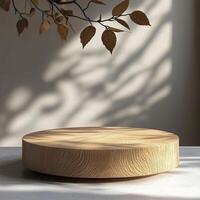 Empty podium for product display featuring natural textures, ideal for showcasing cosmetics or other items, with minimalist design enhancing focus and aesthetic appeal photo