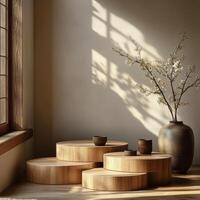 Empty podium display for product showcase featuring natural wooden pedestals in minimalist setting with soft sunlight illuminating surfaces and creating inviting atmosphere photo