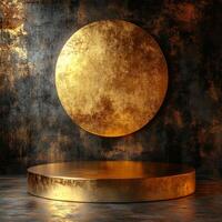 Empty podium for product display in luxurious setting with reflective surface and rich golden tones emphasizing elegance and sophistication for cosmetics podium photo