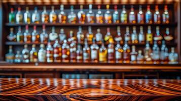 A bar with many bottles of liquor on the wall photo