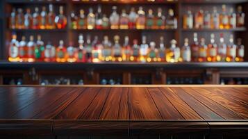 A bar with a wooden table and a shelf full of liquor bottles photo