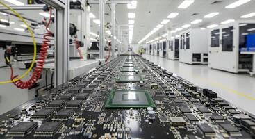 A computer motherboard is shown in a factory photo