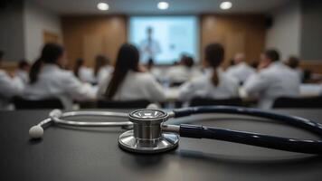 A stethoscope sits on a table in front of a group of doctors photo