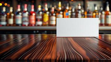 A blank card on a wooden table in front of a bar photo