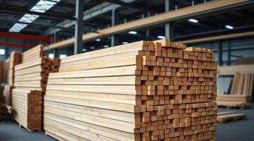 Stacked wooden bars in furniture manufacturing factory. photo