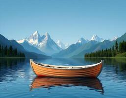 Orange Rowboat on a Calm Lake with Mountain View photo
