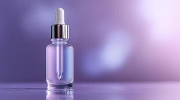 Frosted glass bottle containing hyaluronic acid serum on a smooth surface with soft background lighting photo