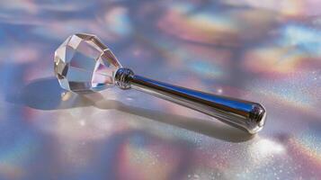 Crystal shaped facial massager reflects light on a smooth surface, showcasing its elegant design and shine during bright daylight photo