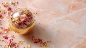 Gold rimmed bath bomb adorned with dried flower petals on a marble surface in a serene setting photo