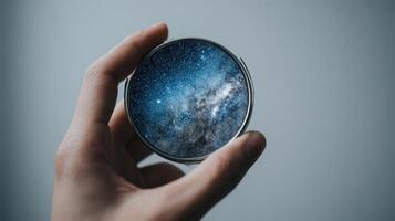 Hand holding a mirror reflecting the vast universe with stars and galaxies in a serene setting photo