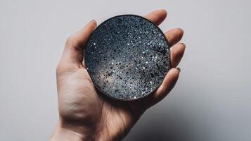 Hand holding a mirror that reflects a stunning view of the universe with stars and galaxies photo