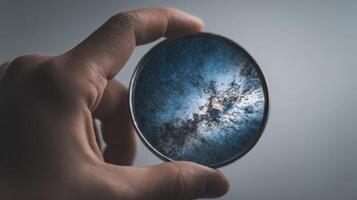 Hand holding a mirror reflecting a vast universe filled with stars and galaxies in a serene setting photo