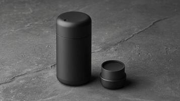 Refillable deodorant container in matte black resting on a dark stone surface, showcasing modern design and functionality photo