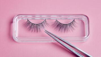 Eyelashes arranged in clear tray with tweezers positioned on vibrant pink background photo