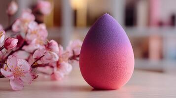 Colorful beauty sponge resting on a surface surrounded by spring blossoms in a softly lit space photo