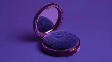 Elegant compact mirror displayed on vibrant purple surface showcasing its soft texture and polished finish for chic grooming essentials photo