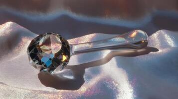Crystal shaped facial massager displays vibrant reflections on soft fabric surface during natural light setting photo
