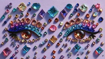 Creative arrangement of colorful face gems in a geometric pattern enhancing facial art during a festive event photo