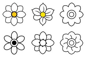 Six Simple Line Art Flower Designs Cheerful, Black and White Floral Illustrations Perfect for Coloring Pages, Craft Projects, and Digital Designs vector