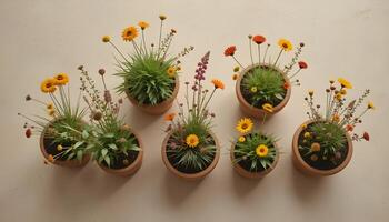 Wildflowers in Ceramic Pots on Beige Textured Surface Top View photo