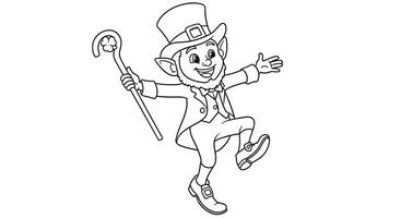 Cheerful Dancing Leprechaun with Cane Saint Patricks Day Coloring Page vector
