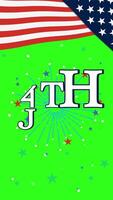 Vibrant animation with fireworks, American flag, and '4th July Independence Day' text on a green background video