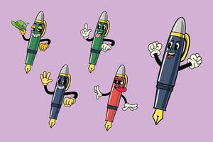 Set of Fountain Pen Character Cartoon Illustration Retro style vector