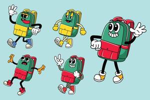 Set of School Bag in Various Poses Character Cartoon Illustration Retro style vector