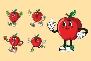 Cartoon funny Apple Fruit characters with expressive faces and poses in retro vintage comic style vector
