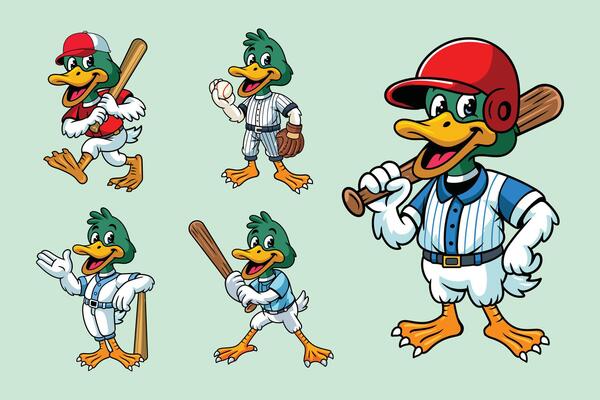Set of Duck Baseball Sport Mascot in Cartoon Cute Illustration