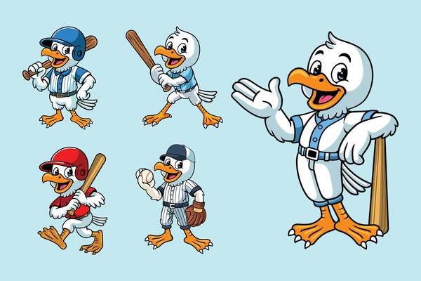 Set of Seagull Baseball Sport Mascot in Cartoon Cute Illustration