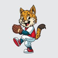 Cute Lynx character in baseball uniform preparing to pitch cartoon illustration vector