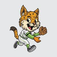 Cute Lynx in a baseball uniform running joyfully with a glove in cartoon illustration vector
