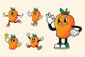 Cartoon funny Mango Fruit characters with expressive faces and poses in retro vintage comic style vector