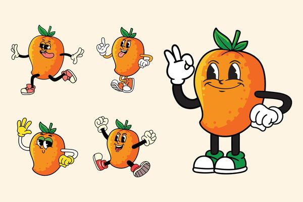 Cartoon funny Mango Fruit characters with expressive faces and poses in retro vintage comic style