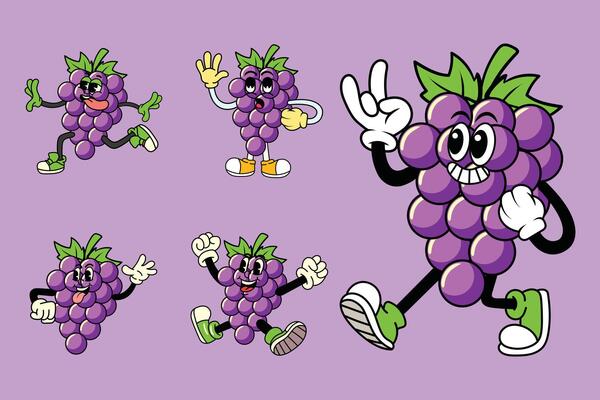Cartoon funny Grape Fruit characters with expressive faces and poses in retro vintage comic style