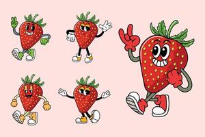 Cartoon funny Strawberry Fruit characters with expressive faces and poses in retro vintage comic style vector