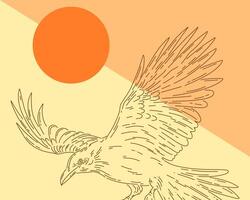 Raven ink outline art crow bird wings flying illustration template poster print art t shirt design element editable vector